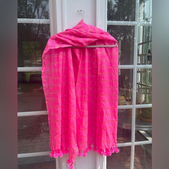 J Crew Hot Pink Metallic Pompom Scarf NWT - Picture 5 of 8